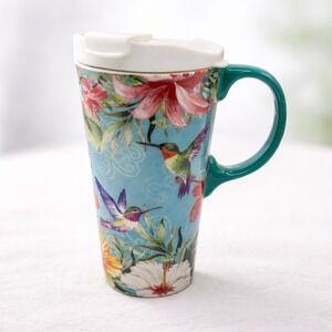 Evergreen Ceramic Travel Mug Blue Hummingbird Tropical Floral 17oz Cup with Lid